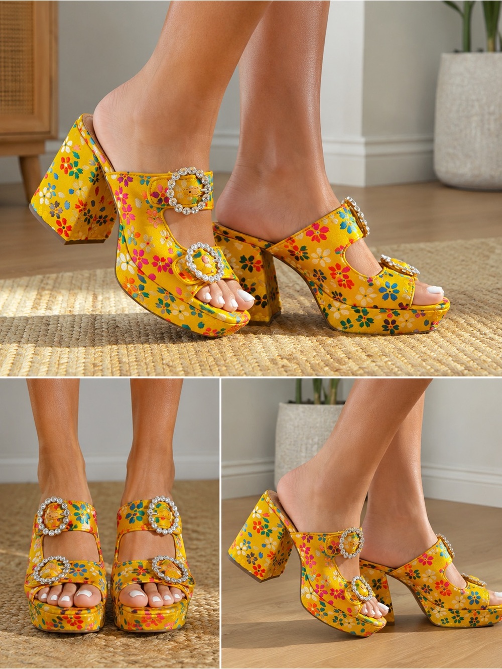 Gianni Bini Ulti-Mate Floral Rhinestone Platform Heels 9.5 Retro 70s Yellow
